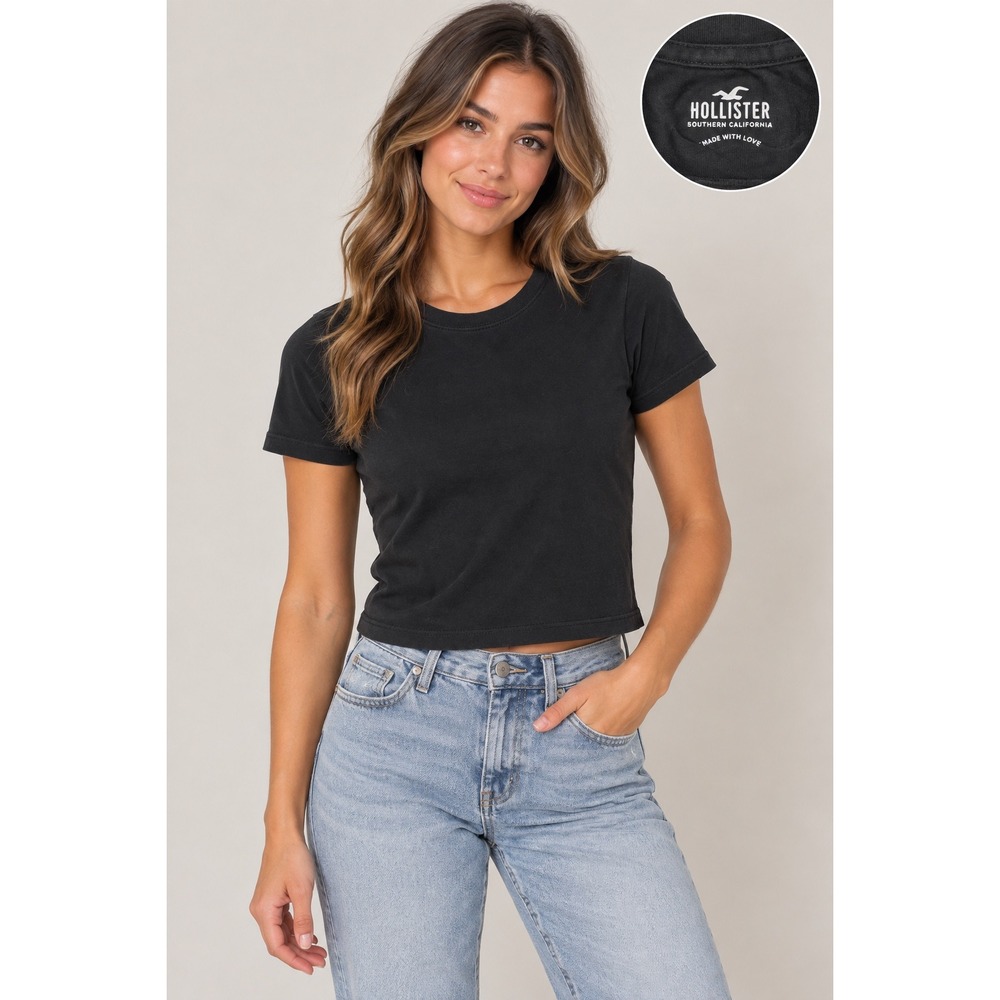 Hollister Baby Tee Womens Small Black Good Cropped Short Sleeve Crew Neck Top